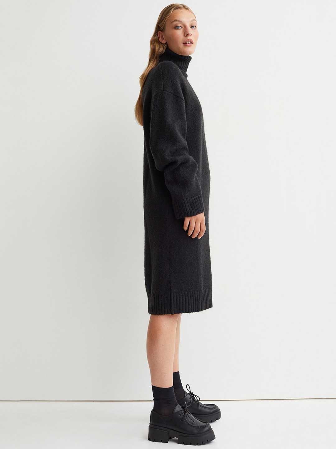 

H&M Women Black Solid Knitted Polo-Neck Dress
