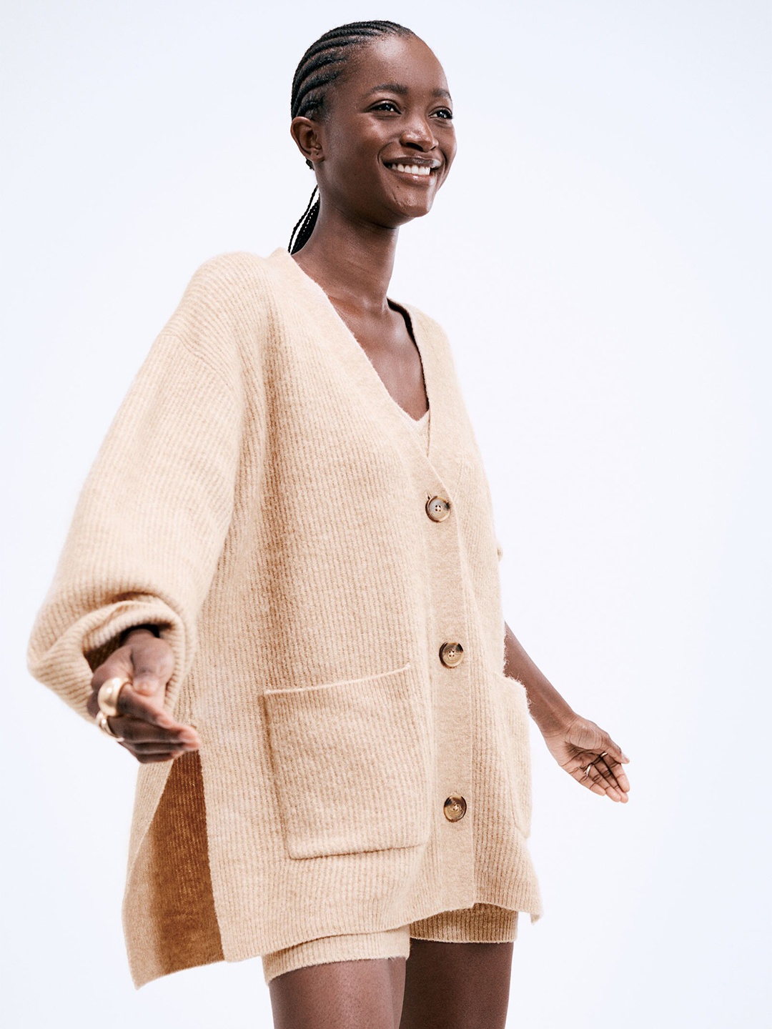 

H&M Women Beige Rib-knit Cardigan