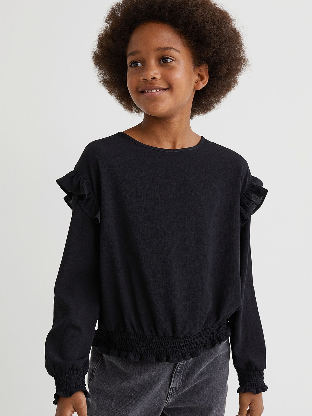 

H&M Girls Black Smocking-Detail Top