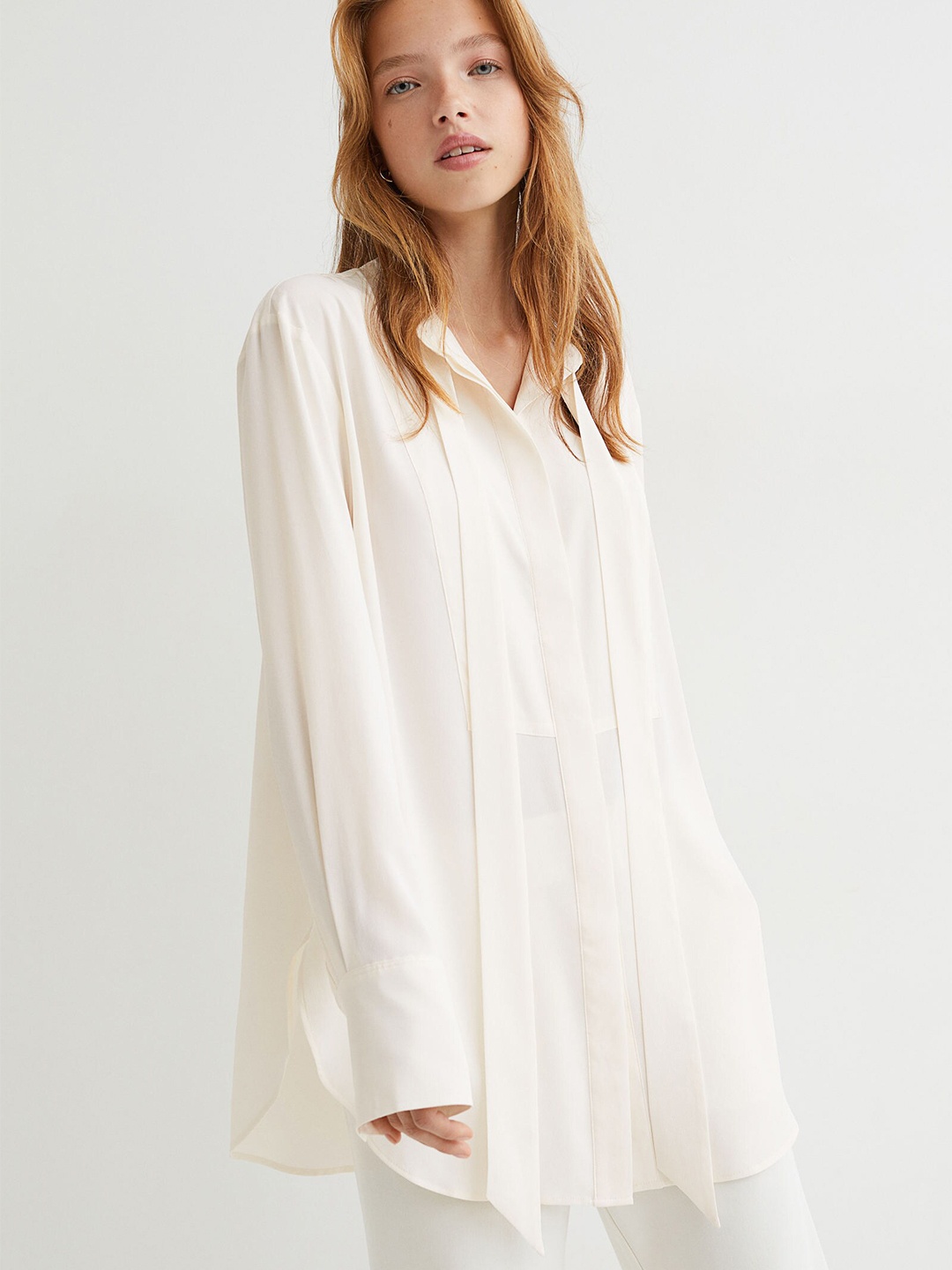 

H&M Women White Solid Long Tie-Collar Blouse