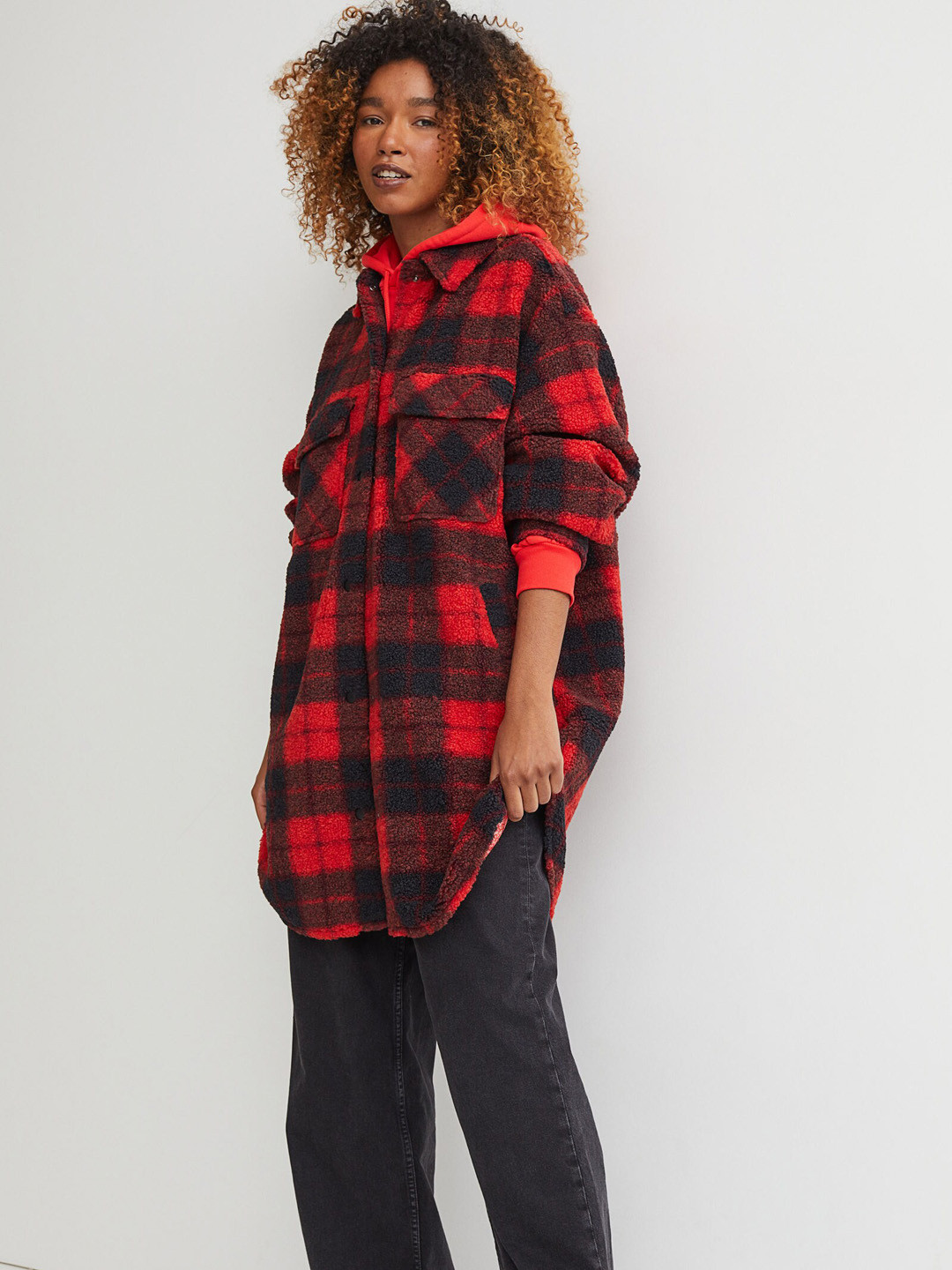 

H&M Red & Black Checked Long shirt jacket