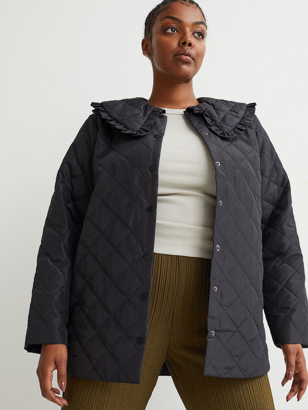 

H&M Women Black Quilted Shirt Jacket