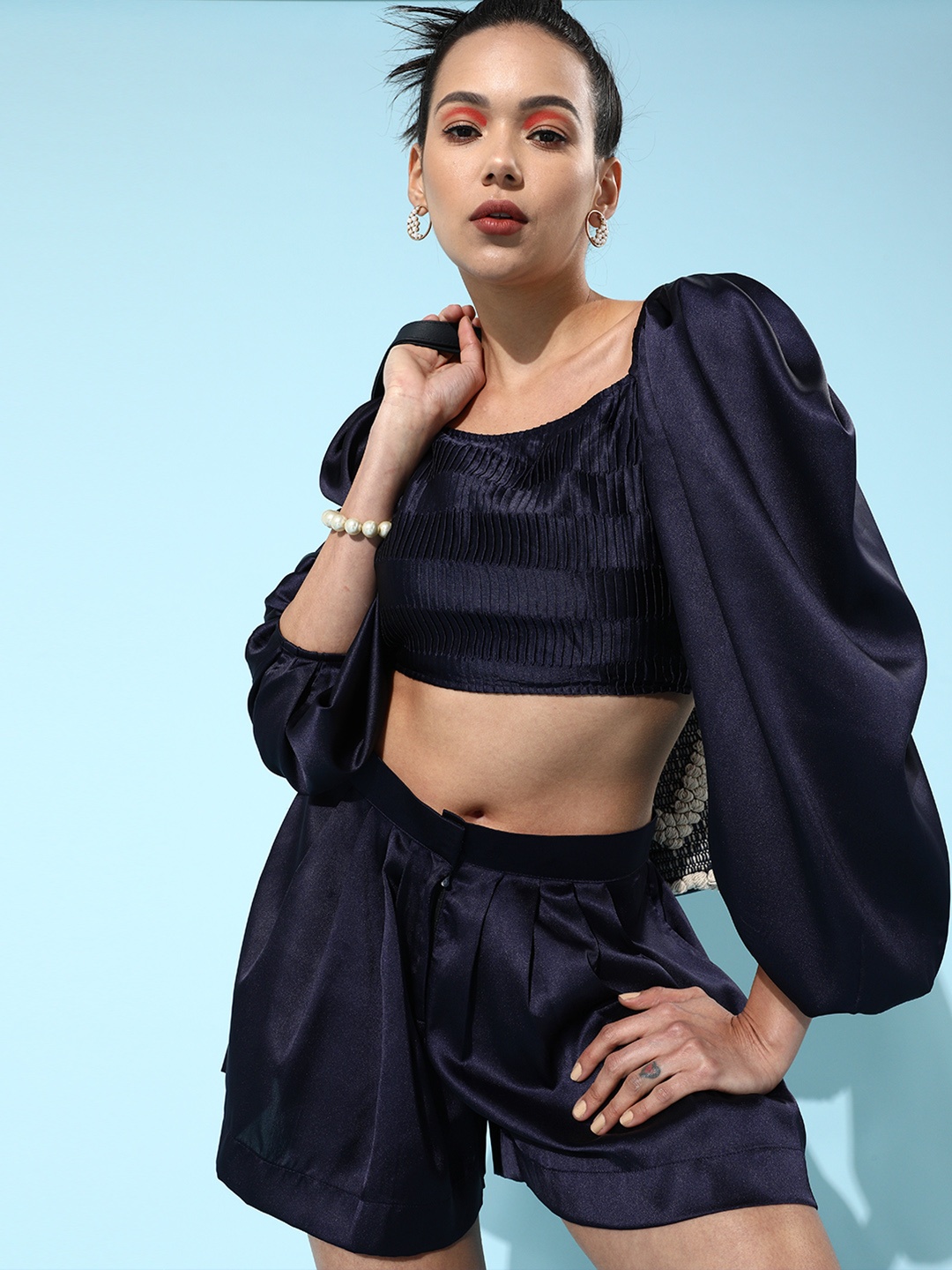 

MISH Navy Blue Satin Finish Shorts & Fitted Crop Top Co-Ord Set