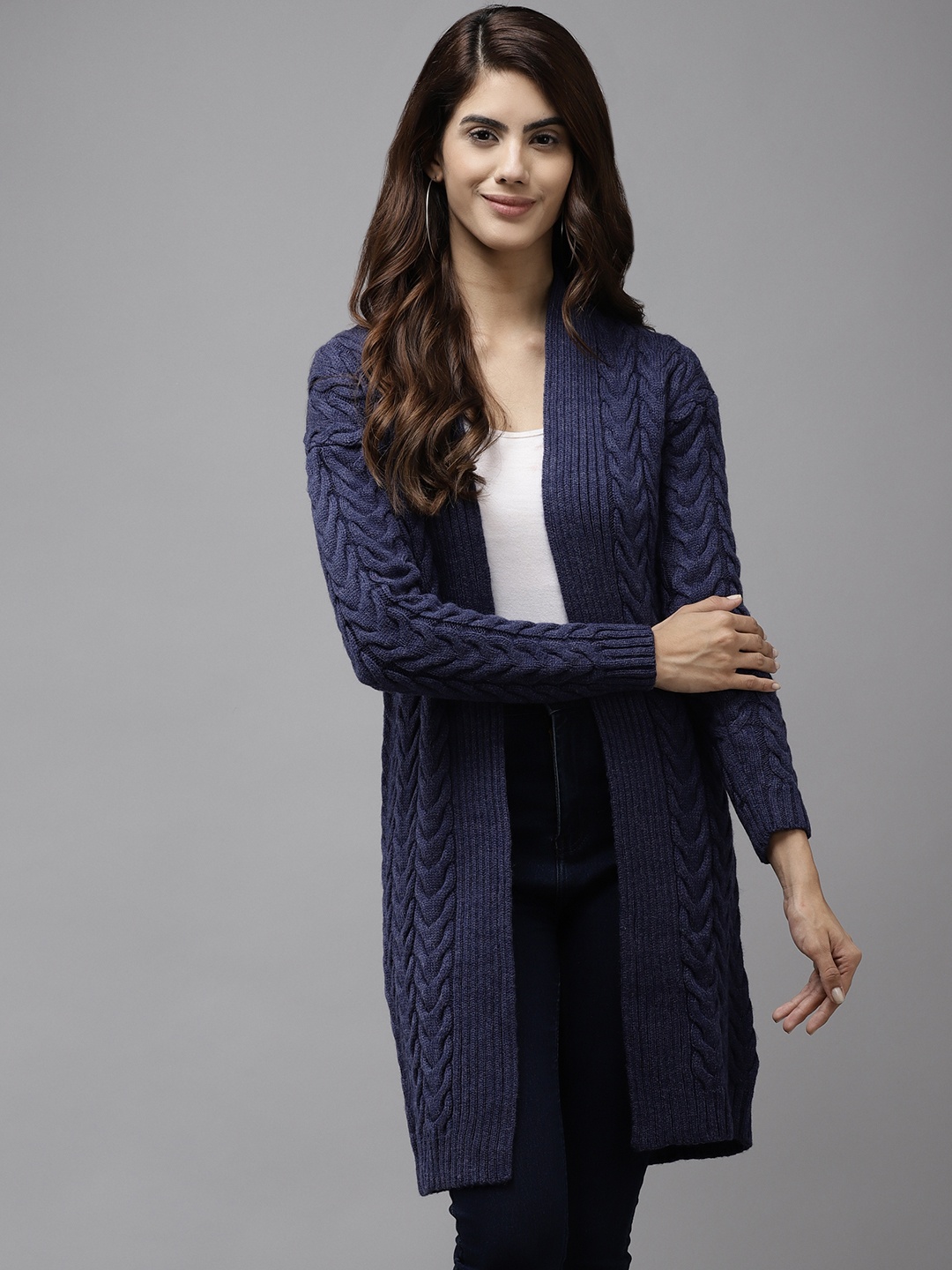 

Cayman Women Navy Blue Self Design Longline Shrug