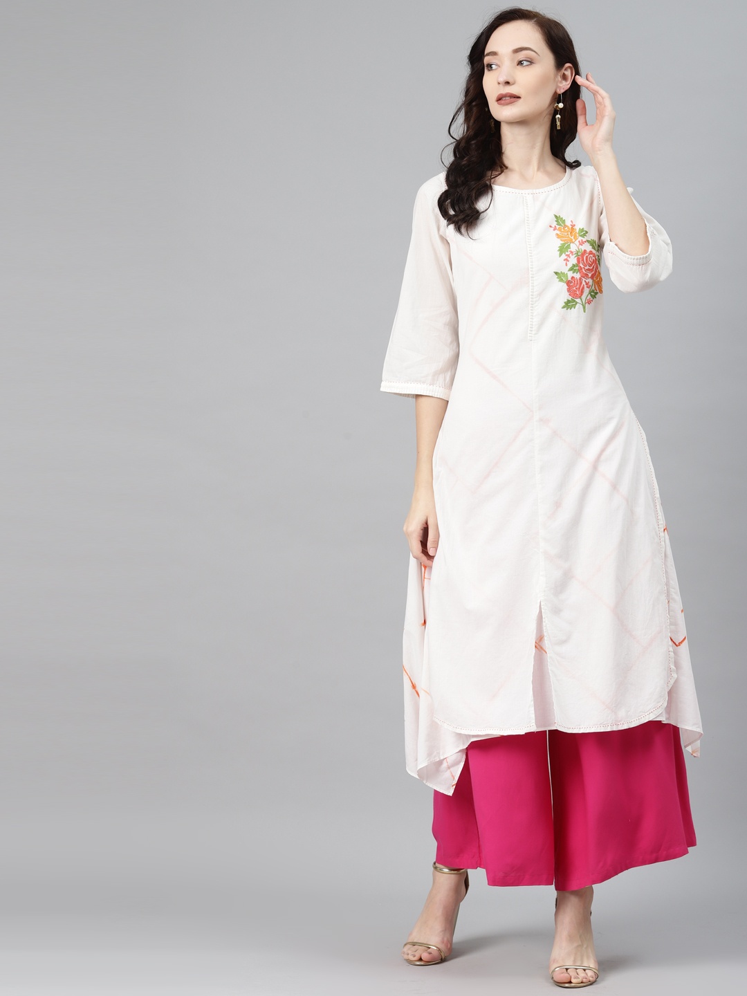 

Lakshita Women White Checked Thread Work Cotton Layered Kurta