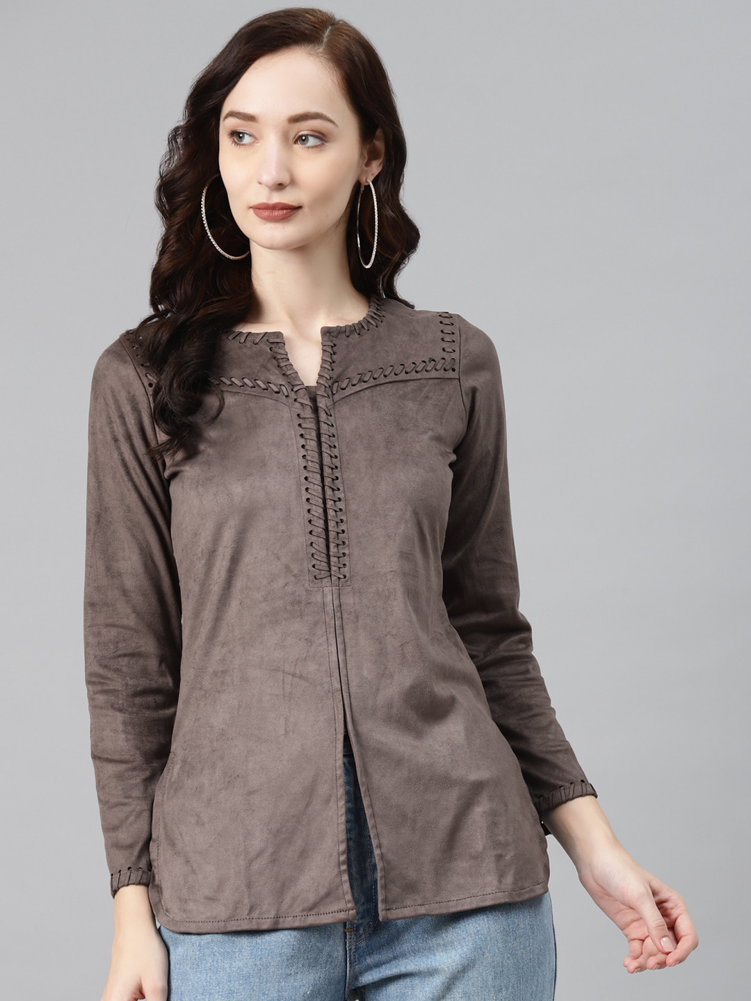 

Lakshita Taupe Woven Design Thread Work Thread Work Panelled Kurti