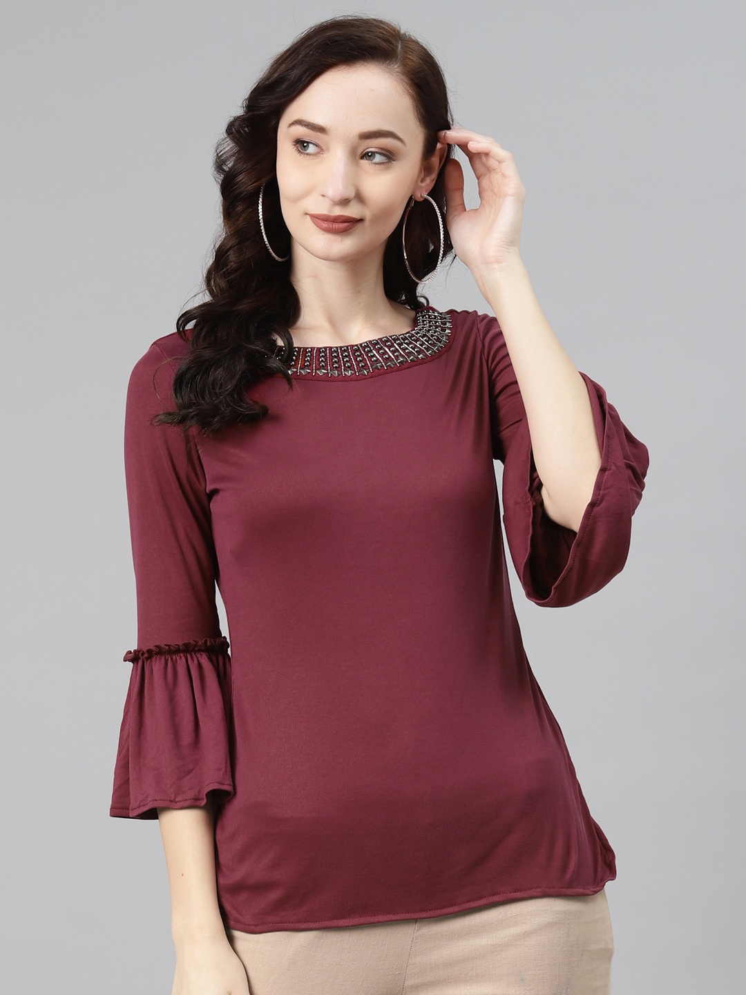 

Lakshita Maroon Jewel Neck Ruffles Regular Top