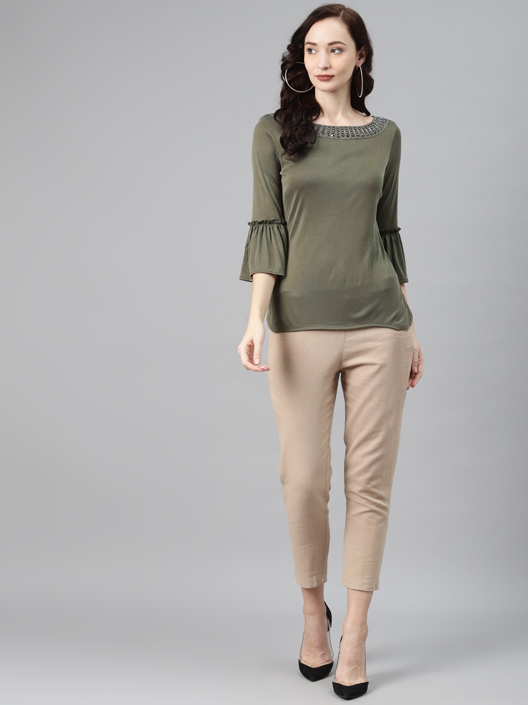 

Lakshita Olive Green Jewel Neck Ruffles Regular Top