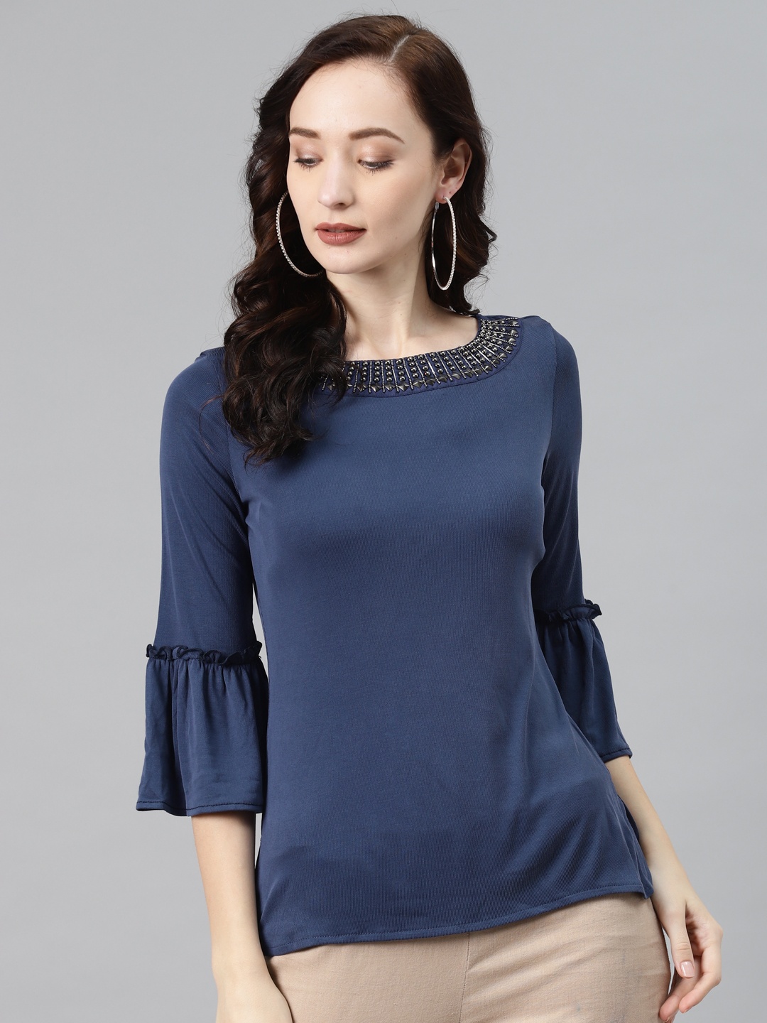 

Lakshita Blue Jewel Neck Ruffles Regular Top