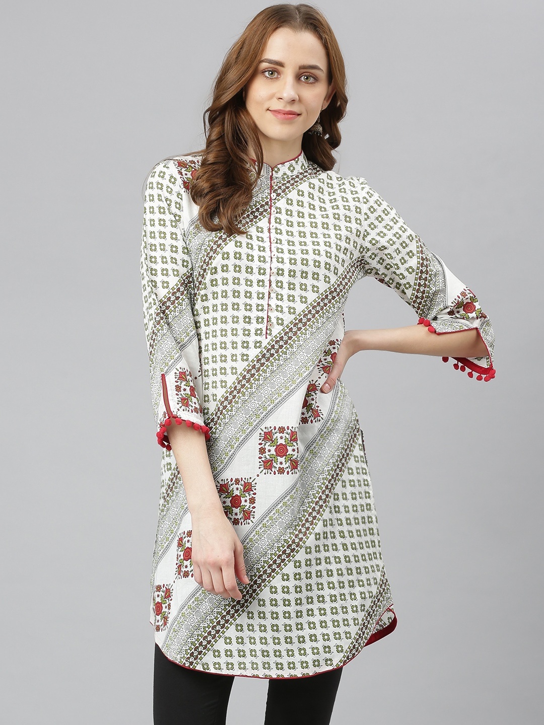 

Lakshita Women Olive Green Pure Cotton Ethnic Motifs Printed Kurti