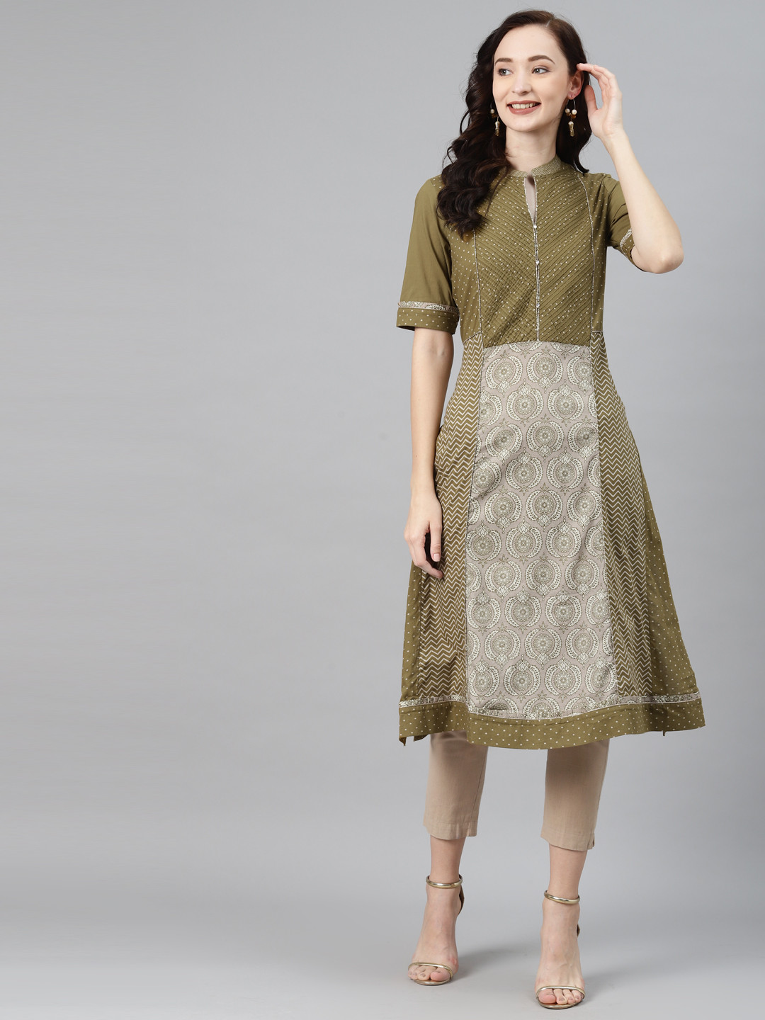 

Lakshita Women Olive Green & Grey Ethnic Motifs Printed Cotton Kurta