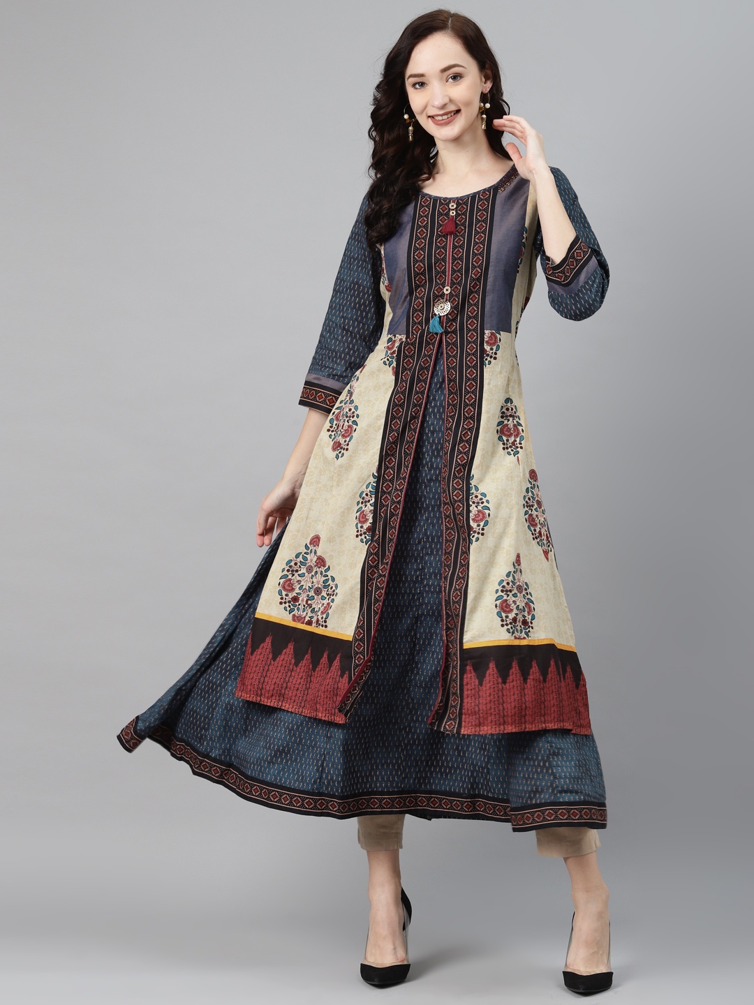 

Lakshita Women Navy Blue & Beige Ethnic Motifs Printed Cotton Anarkali Kurta