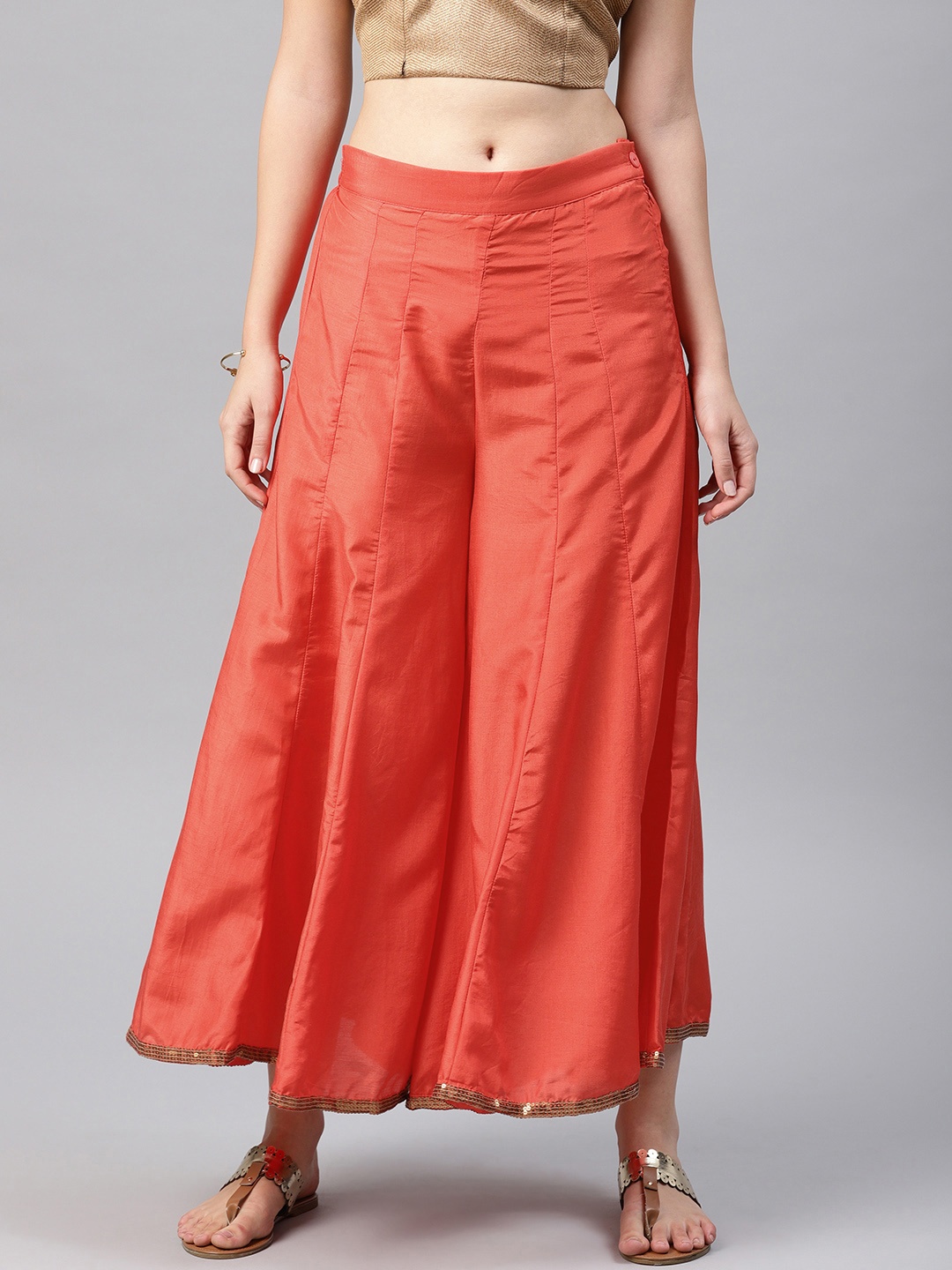 

W Women Coral Orange Solid Palazzo Trousers