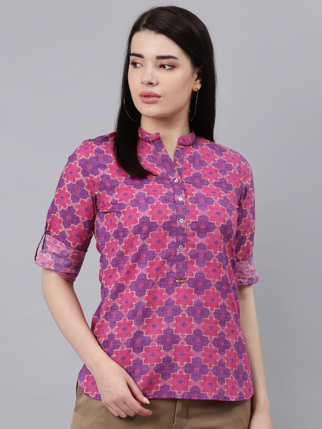 

Lakshita Purple & Pink Mandarin Collar Roll-Up Sleeves Regular Top