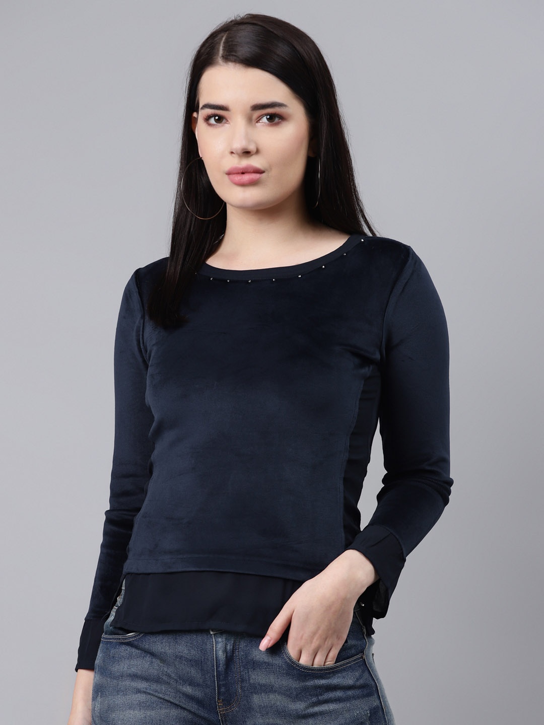 

Lakshita Navy Blue Solid Velvet Regular Top