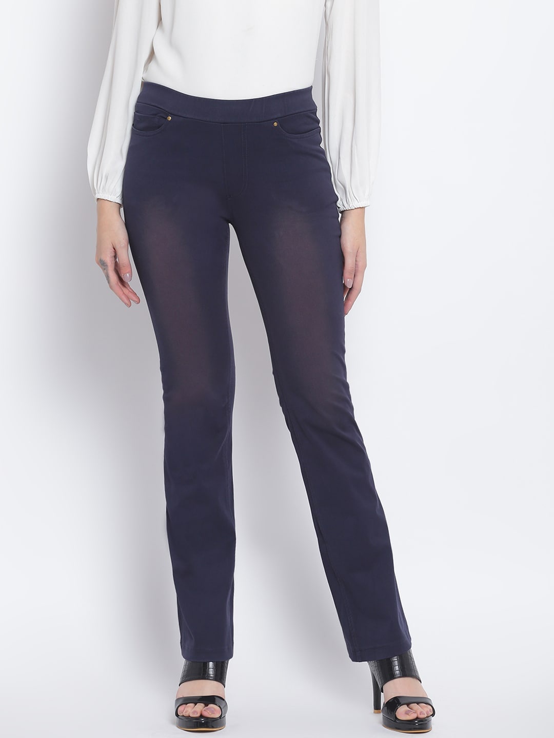 

Lakshita Women Navy Blue Light Fade Stretchable Flared Jeggings