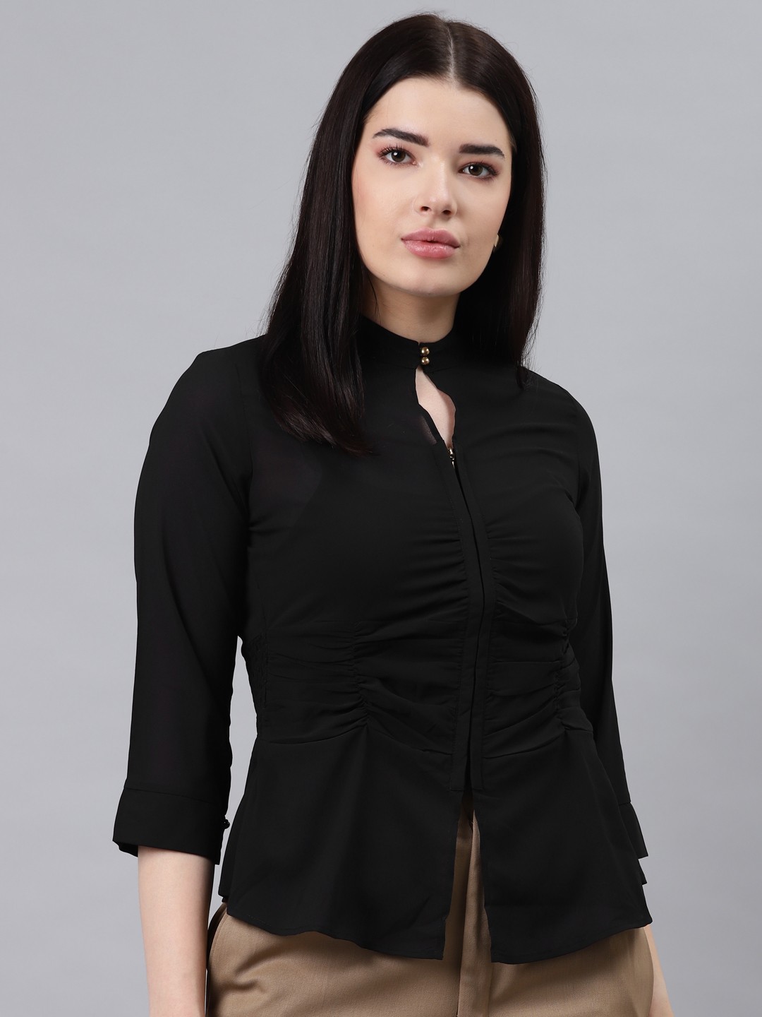 

Lakshita Black Mandarin Collar Regular Top