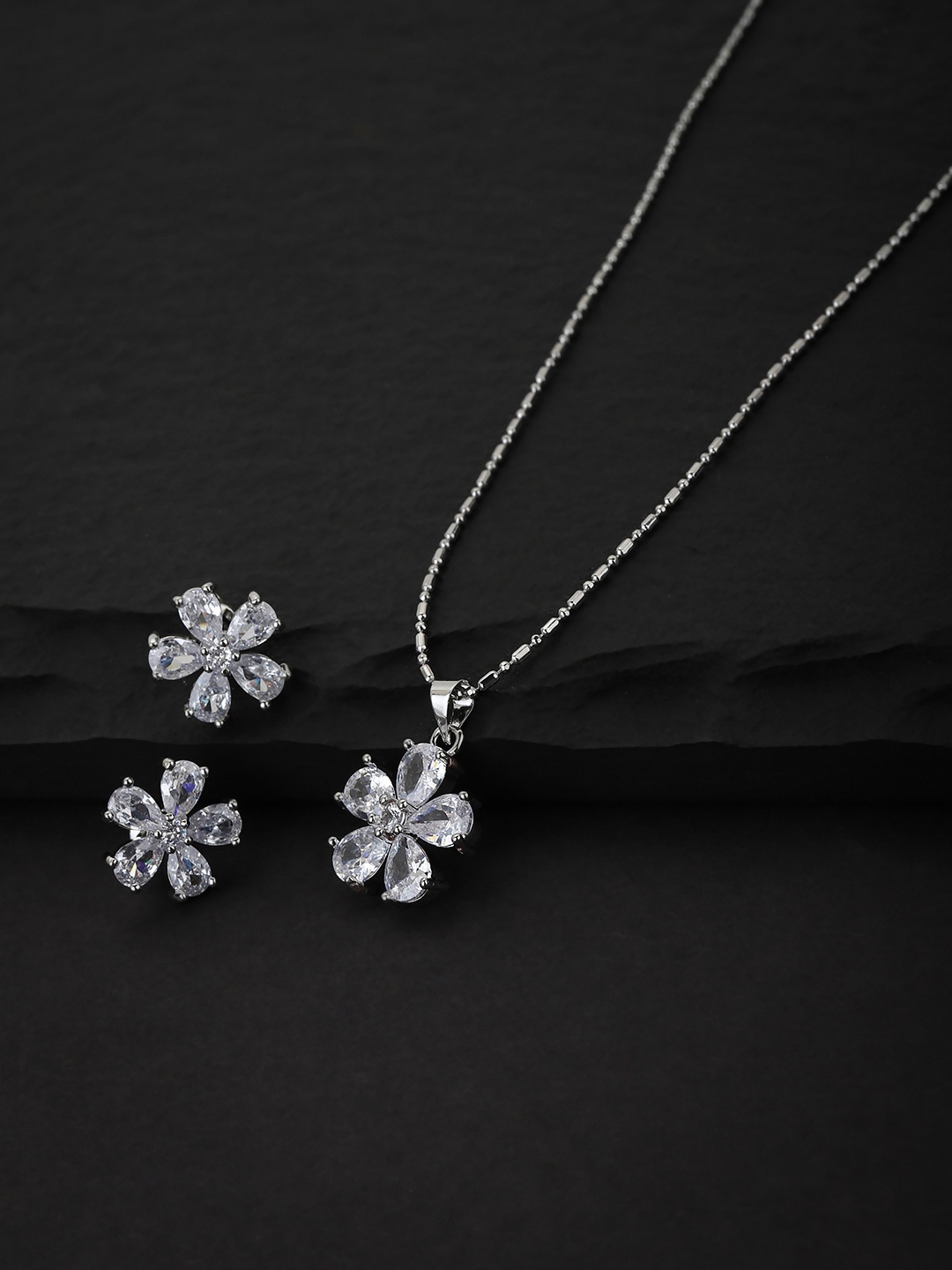 

Carlton London Silver-Toned Crystal Studded Jewellery Set
