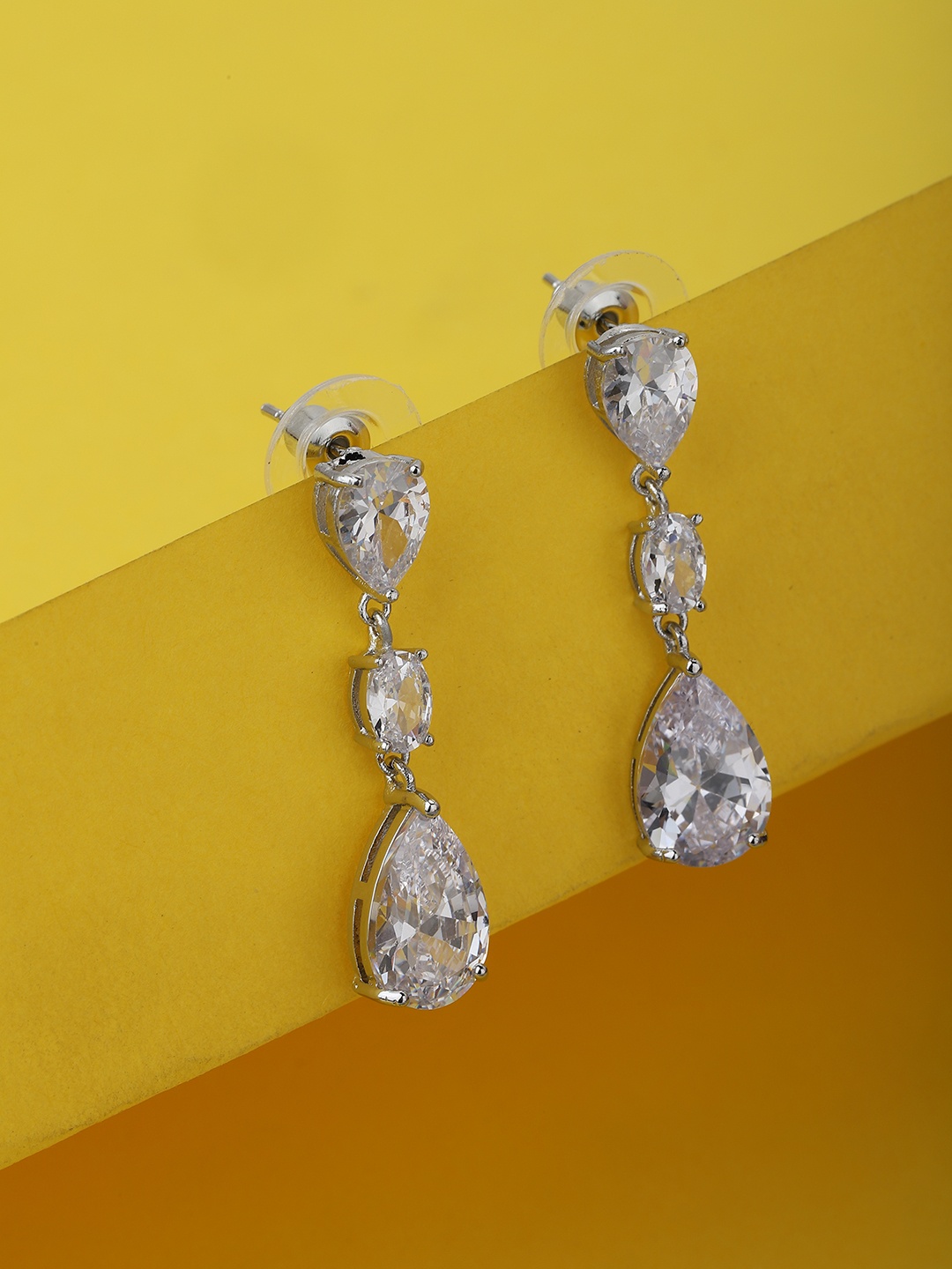 

Carlton London Rhodium-Plated Silver-Toned Teardrop Shaped Drop Earrings