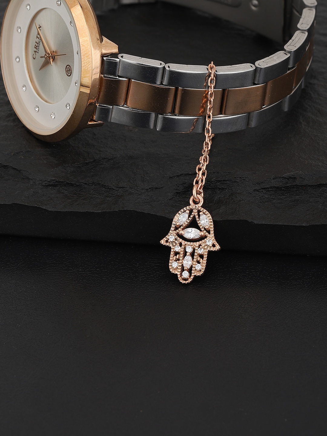 

Carlton London Rose-Gold Toned Crystal Studded Hand Shaped Watch Charm