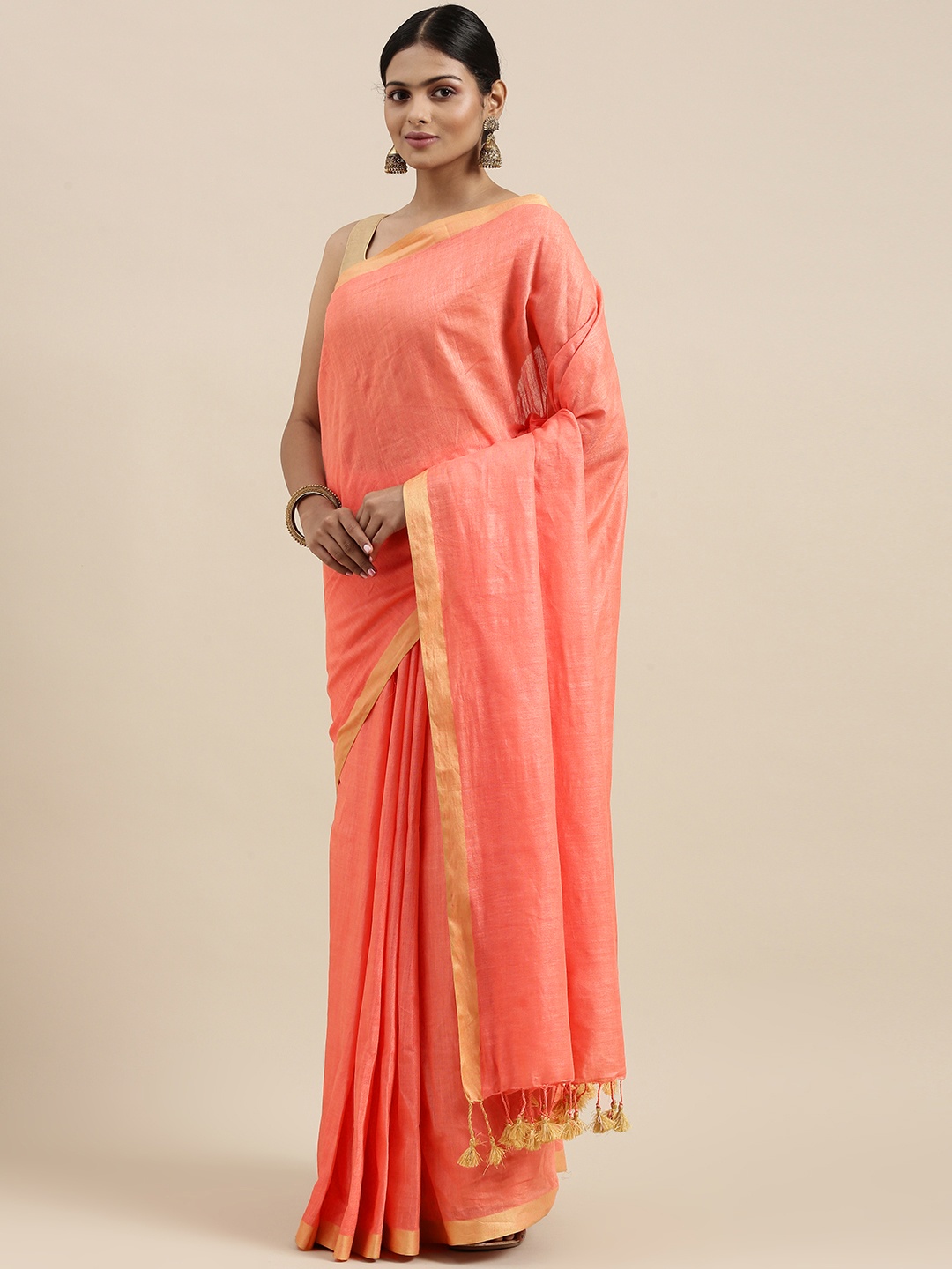 

swatika Peach-Coloured Woven Design Zari Linen Blend Bhagalpuri Saree