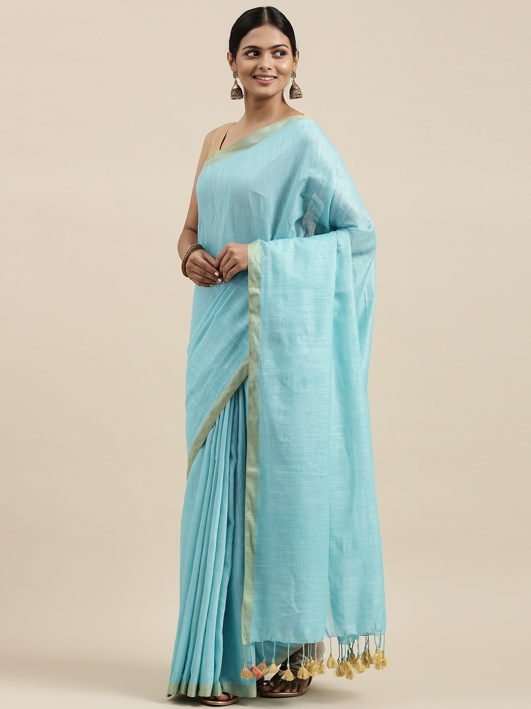 

swatika Blue Woven Design Zari Linen Blend Bhagalpuri Saree