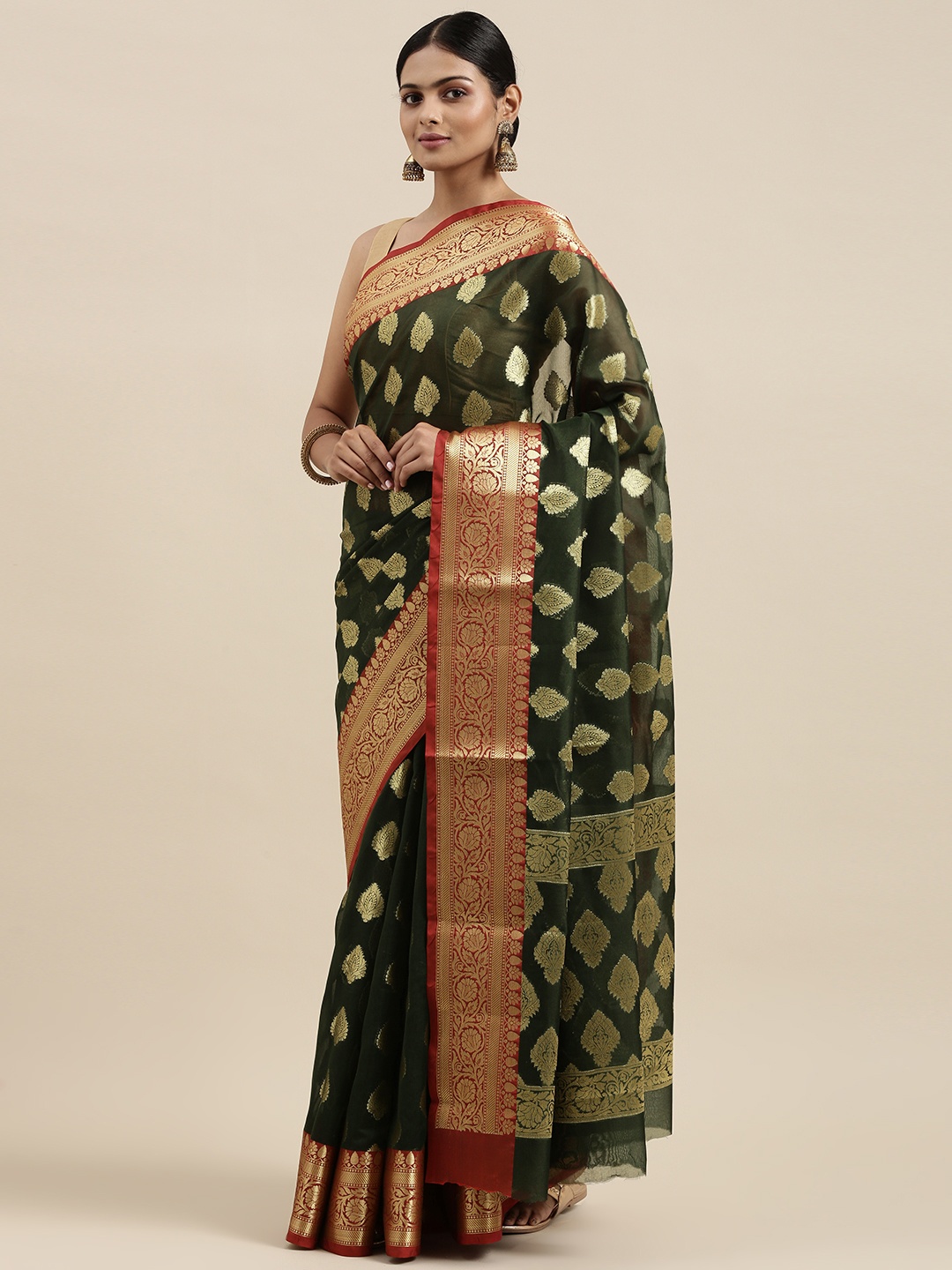 

swatika Green Woven Design Silk Blend Chanderi Saree