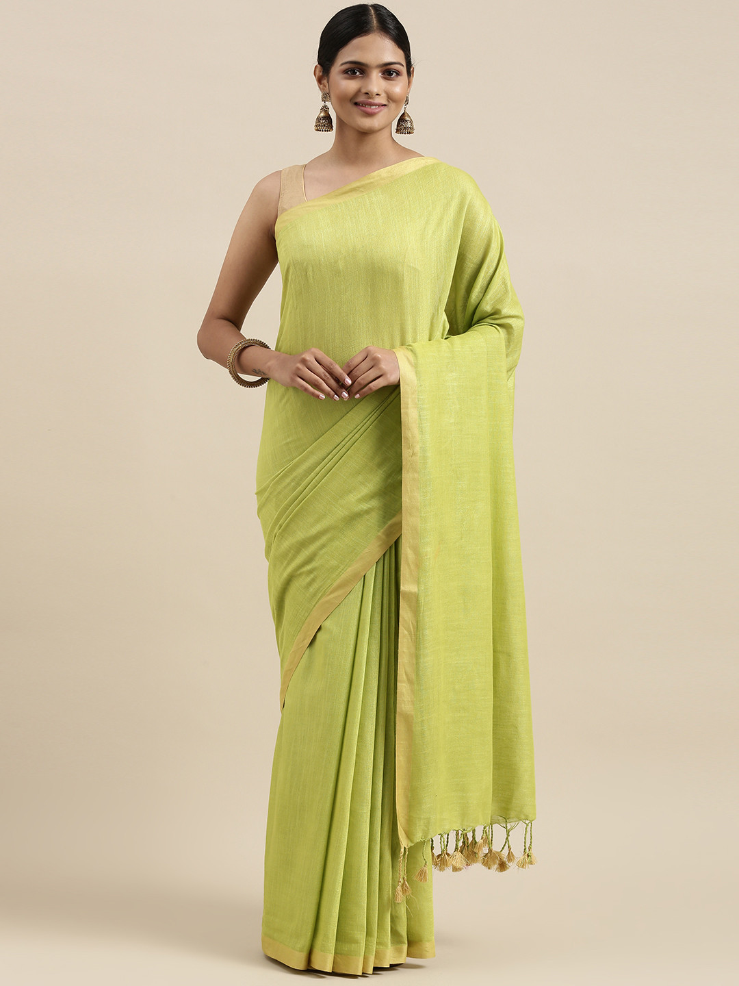 

swatika Green Woven Design Zari Linen Blend Bhagalpuri Saree