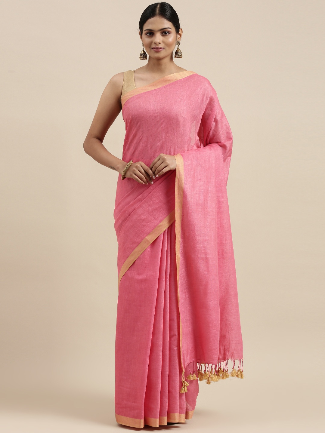 

swatika Pink Woven Design Zari Linen Blend Bhagalpuri Saree