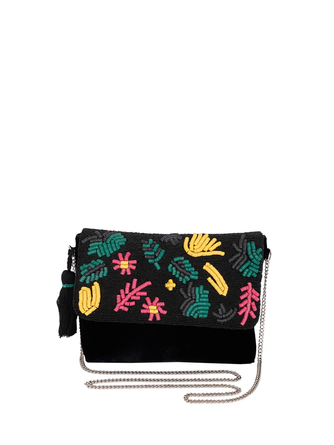 

REZZY Black & Multicoloured Embroidered Envelope Clutch