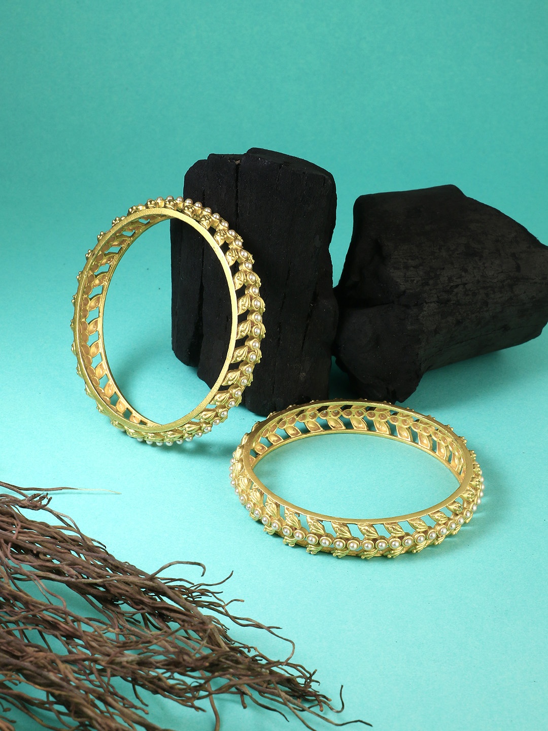 

Adwitiya Collection Set Of 2 24 CT Gold-Plated White Pearl Studded Handcrafted Bangles