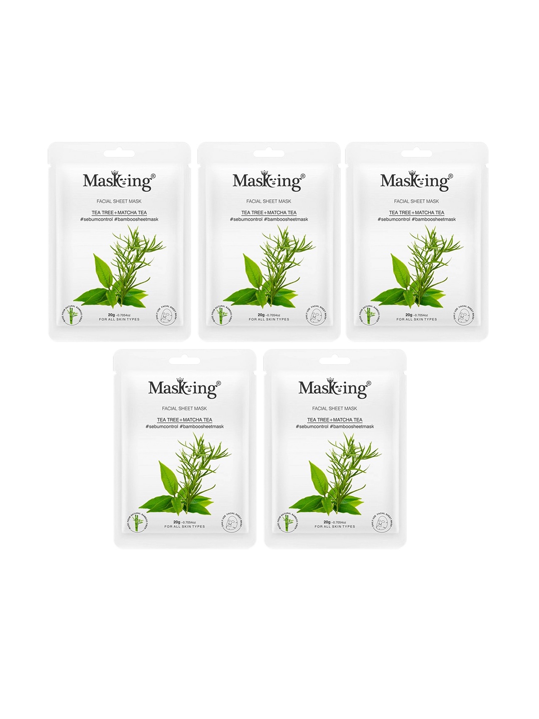 

MasKing Pack Of 5 Bamboo Facial Sheet Mask Of Tea Tree & Matcha Tea 100ml, Green