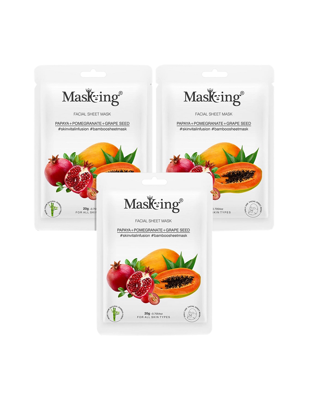 

MasKing Pack of 3 Papaya, Pomegranate & Grape Seed Facial Sheet Mask-60ml, Lime green
