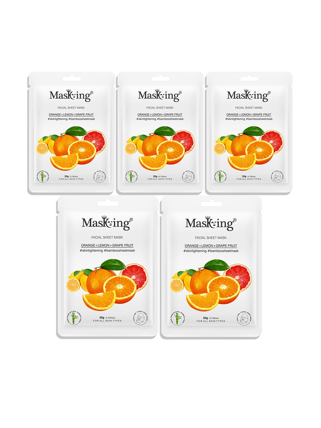 

MasKing Unisex Pack of 5 Bamboo Facial Sheet Mask of Orange, Lemon & Grapefruit