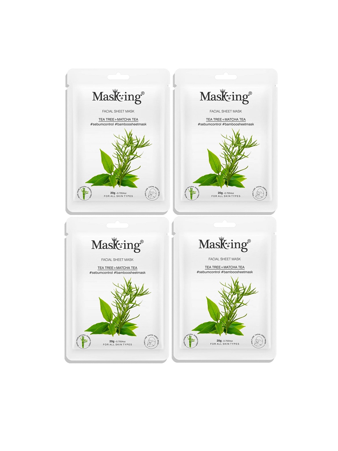 

MasKing Unisex Set Of 4 Tea Tree & Matcha Tea Bamboo Facial Sheet Mask - 80 ml, Green