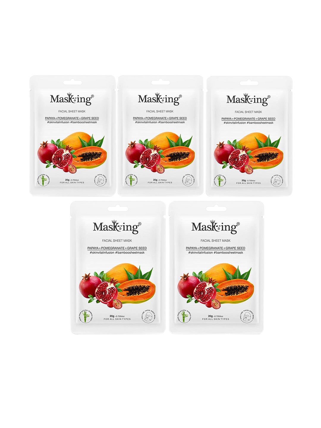 

MasKing Pack of 5 Bamboo Facial Sheet Mask Of Papaya Pomegranate & Grape Seed 100ml, Lime green