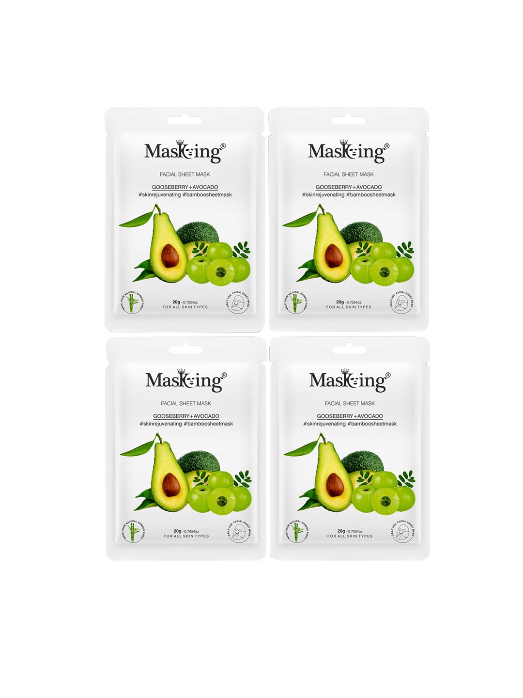 

MasKing Pack Of 4 Bamboo Facial Sheet Mask of Gooseberry & Avocado 80ml, Green