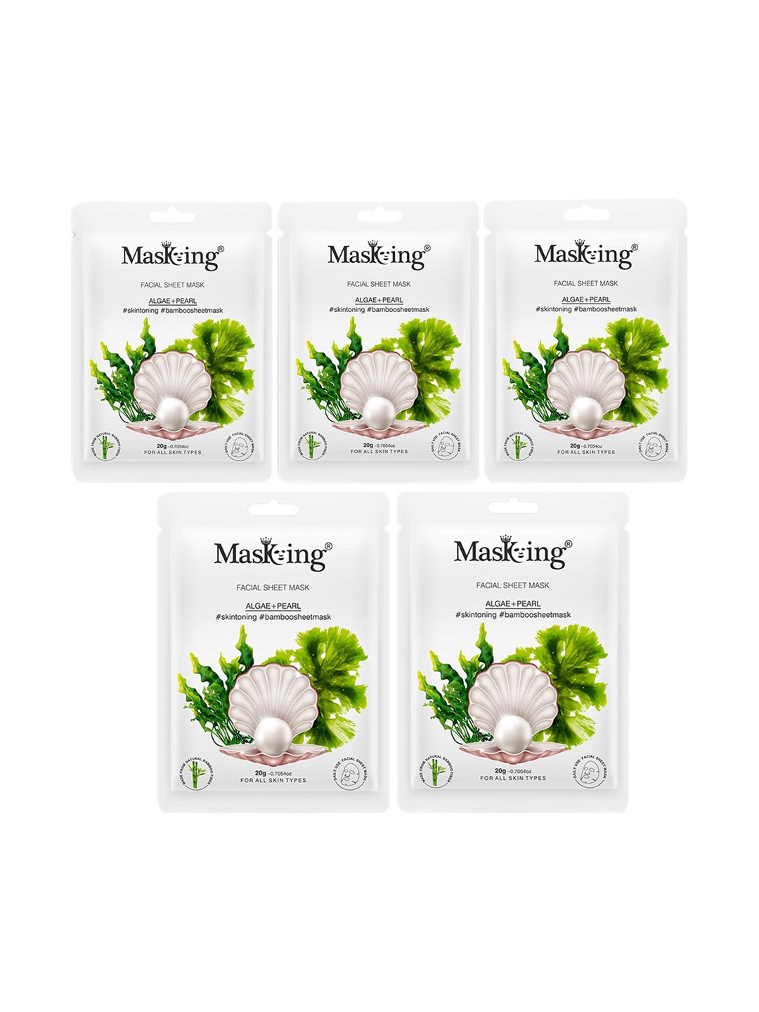 

MasKing Pack Of 5 Bamboo Facial Sheet Mask of Algae & Pearl 100ml, White