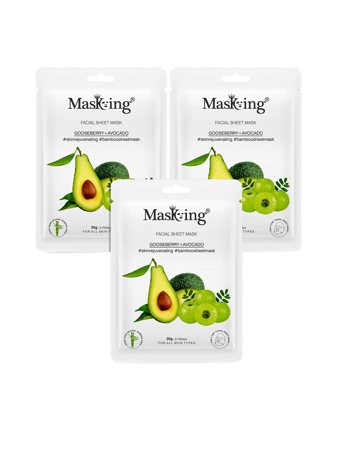 

MasKing Unisex Pack Of 3 Gooseberry & Avocado Bamboo Facial Sheet Masks - 60 ml, Green