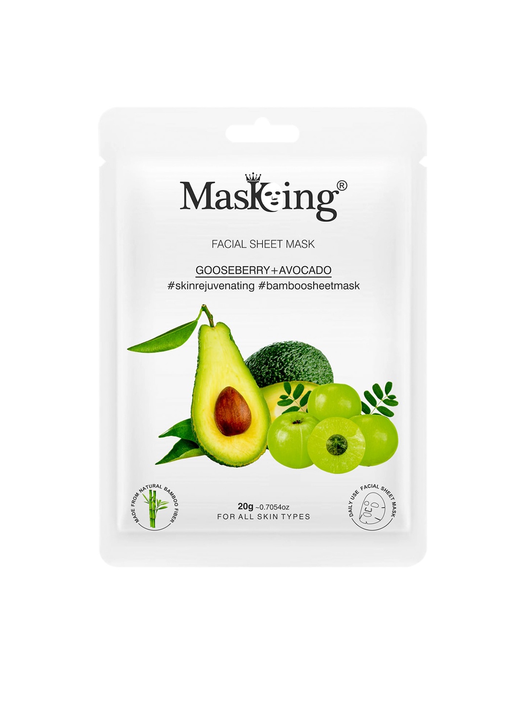 

MasKing Unisex Bamboo Facial Sheet Mask of Gooseberry & Avocado, Green