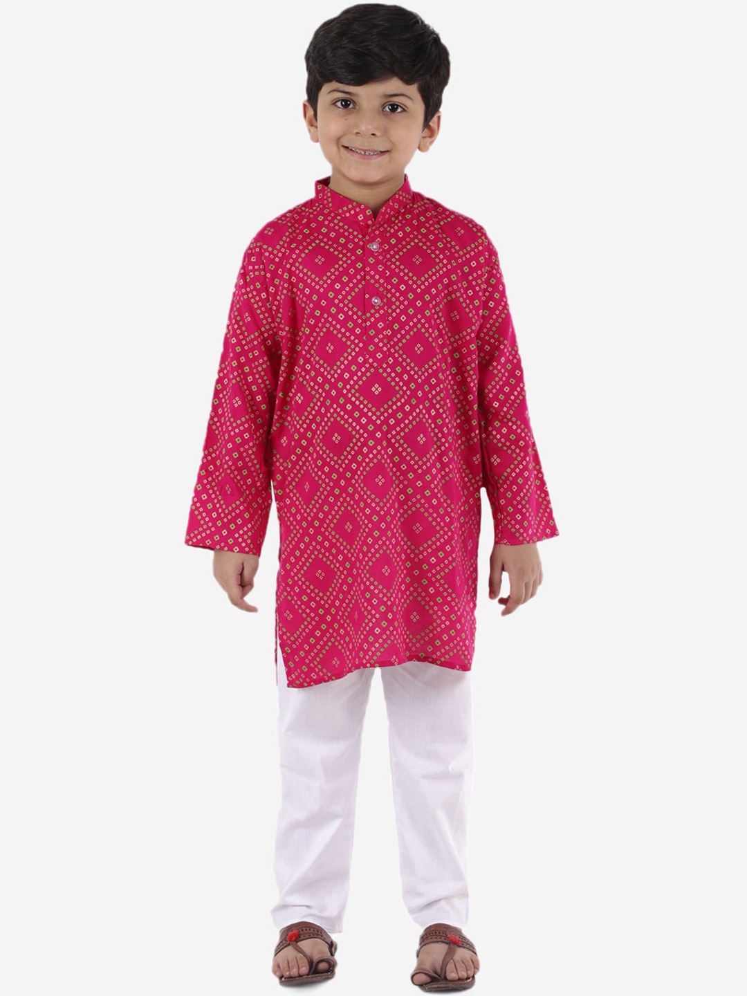 

ahhaaaa Boys Magenta & White Bandhani Printed Pure Cotton Kurta with Pyjamas