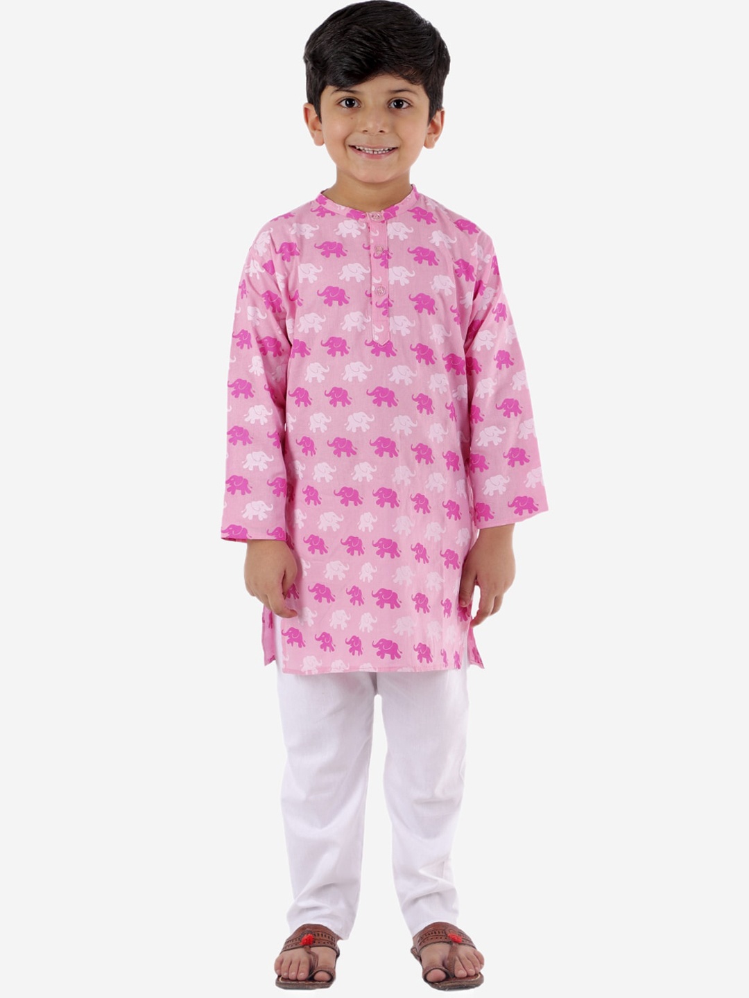 

ahhaaaa Boys Pink Printed Pure Cotton Kurta with Pyjamas