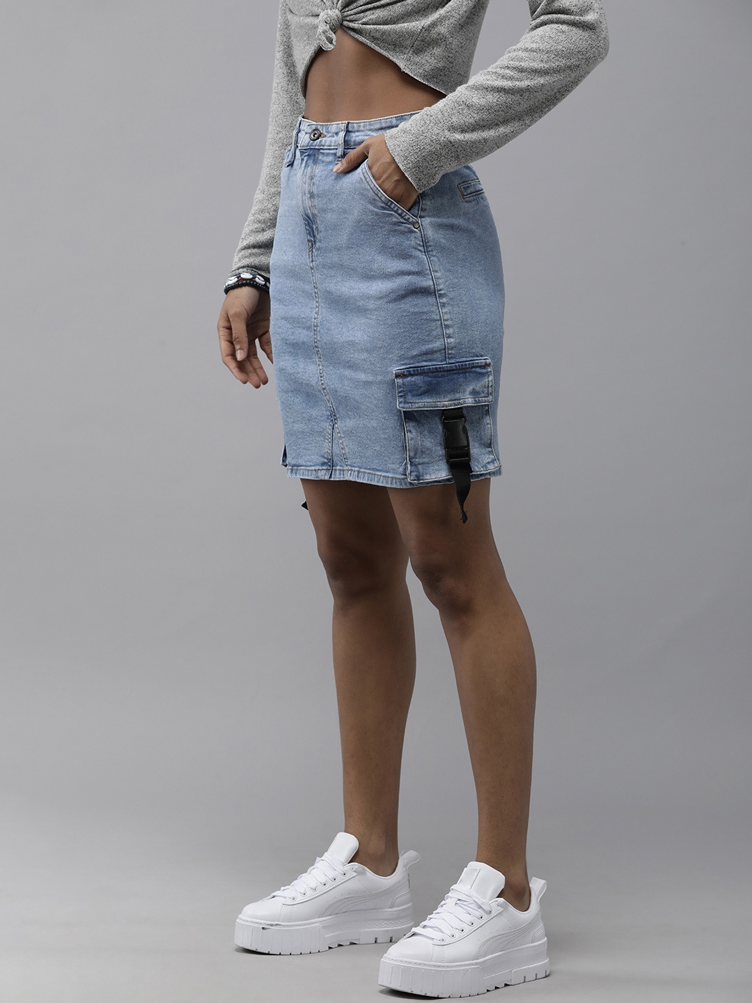 

The Roadster Lifestyle Co Women Light Blue Denim Straight Skirt With Buckle Clips