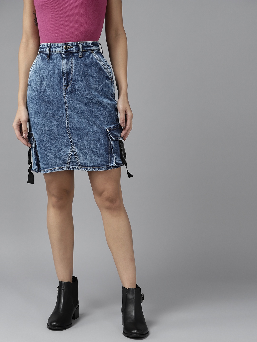 

Roadster Women Blue Denim Straight High-Rise Skirt With Buckle Clips