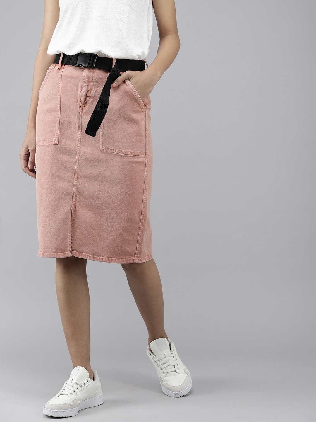 

Roadster Women Dusty Pink Straight High Rise Denim Skirt, Rose