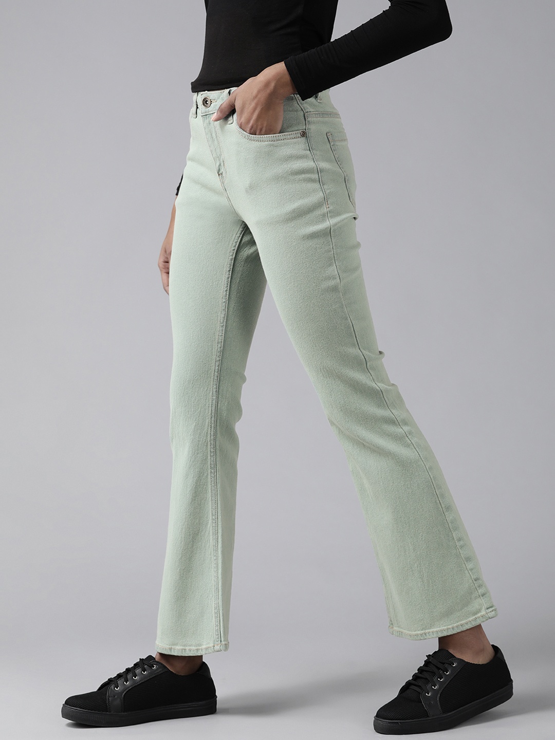 

The Roadster Lifestyle Co Women Sage Green Flared High-Rise Stretchable Jeans