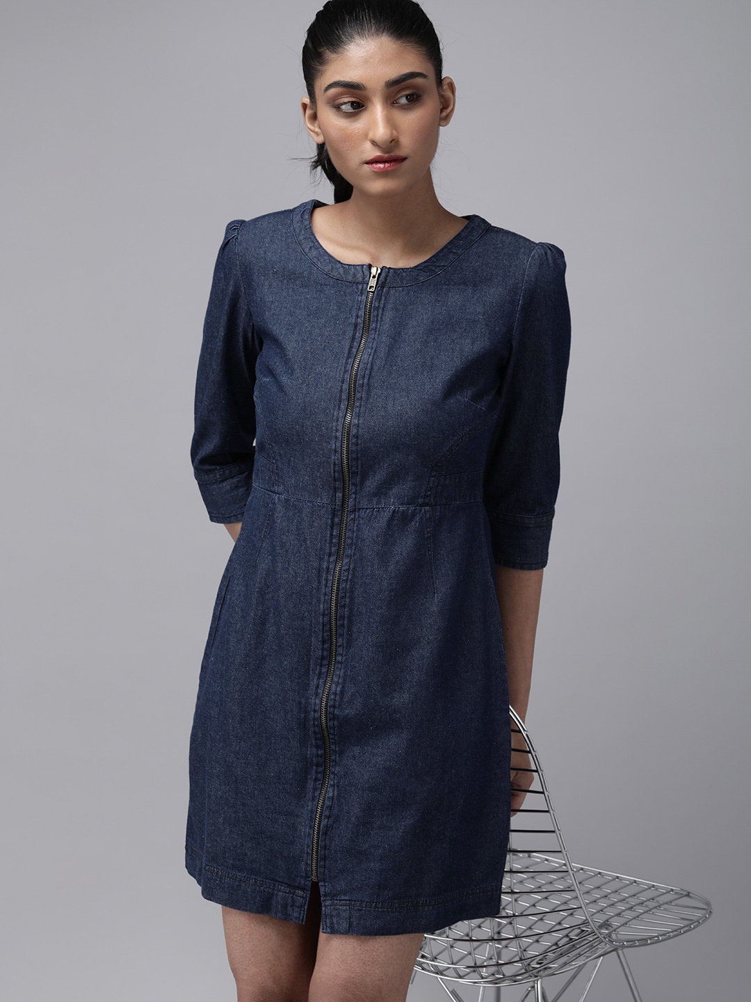 

The Roadster Lifestyle Co Women Navy Blue Denim Pure Cotton Sheath Dress