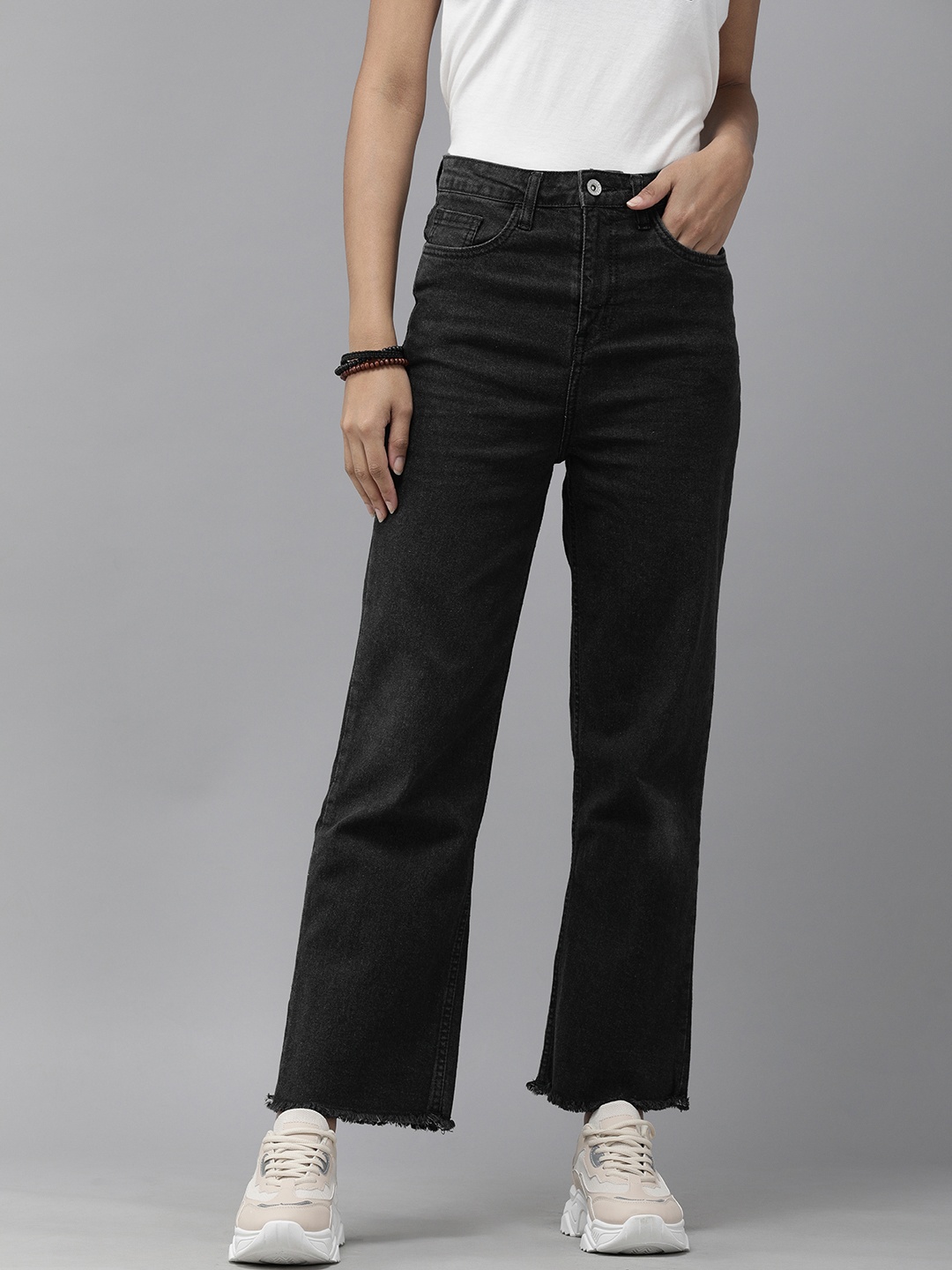 

The Roadster Lifestyle Co Women Charcoal Grey Wide Leg High-Rise Stretchable Jeans