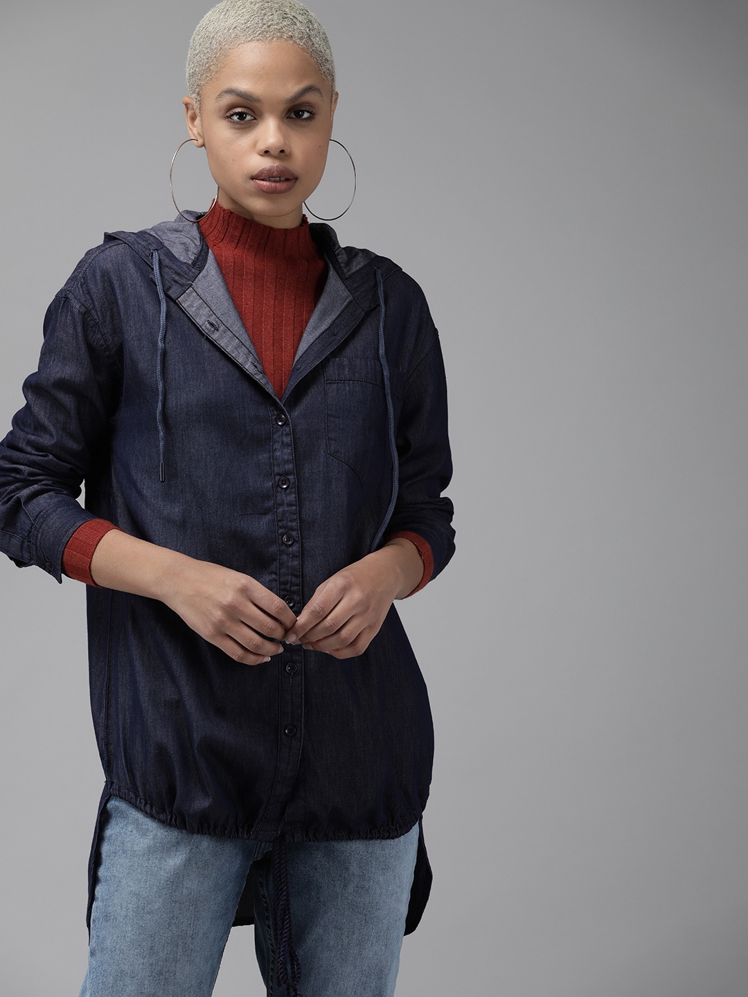 

The Roadster Lifestyle Co Women Indigo Solid Hooded Casual Shirt, Blue