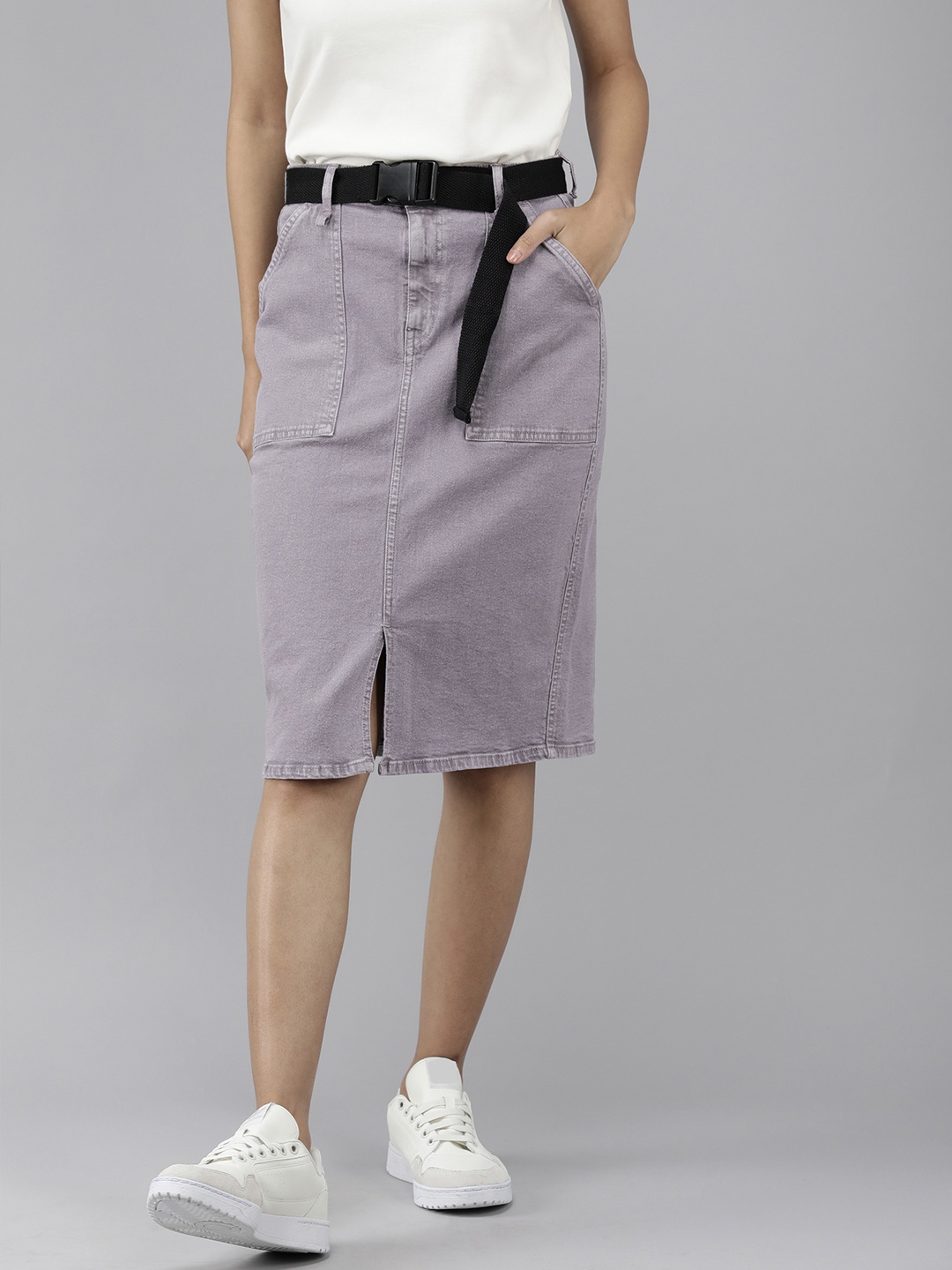 

Roadster Women Lilac Grey Straight High Rise Denim Skirt